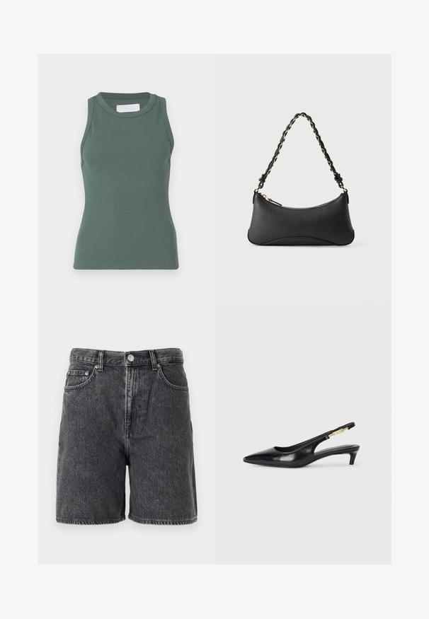 Débardeur vert côtelé avec un col rond et une conception sans manches. Fabriqué en coton extensible, présentant une coupe ajustée et une texture lisse.; Shorts en denim noir délavé avec passants de ceinture, bouton avant, fermeture éclair, et design classique à cinq poches.; Talons hauts en cuir noir avec un bout pointu, dotés d'un talon fin et d'un accent en ton or sur la lanière réglable. Texture lisse.; Sac à bandoulière en cuir noir de forme rectangulaire incurvée, avec une chaîne dorée tissée dans la bandoulière noire tressée et une fermeture éclair sur le dessus.