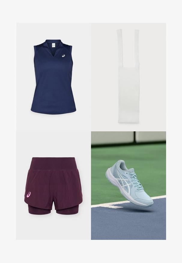 Marineblauw mouwloos sporttop met een V-hals, gemaakt van glad, vochtafvoerend materiaal; beschikt over platte naden en een klein logo op de linkerkant van de borst.; Paarse hardloopshorts met dubbele laag, brede tailleband en klein roze Asics-logo op het linkerbeen.; Lichtblauwe sportschoen met mesh bovenwerk, gestructureerde details en een gevoerde zolen, zwevend boven een blauw sportveld.; Witte katoenen riem met twee langwerpige handgrepen, met een gladde textuur en een rechthoekig lichaam. Eenvoudig ontwerp, geen aanvullende patronen of versieringen.