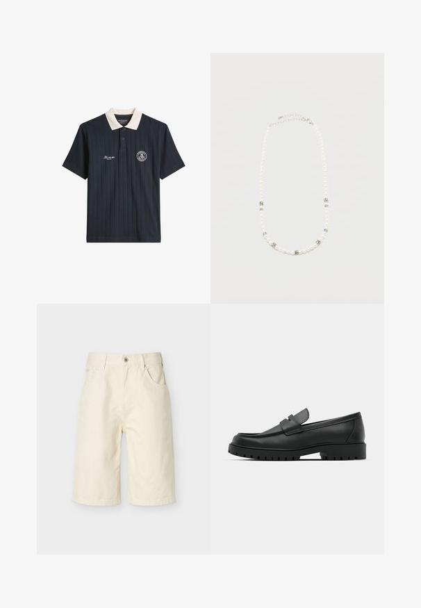 Polo bleu marine à manches courtes avec rayures verticales, col blanc, deux boutons, logo "Marc O'Polo" sur la poitrine et texte brodé blanc.; Shorts mi-cuisse couleur ivoire avec fermeture par bouton et fermeture éclair, passants pour ceinture et poches avant, sur un fond clair uni.; Mocassins en cuir noir à bout arrondi, avec un design cousu, une semelle plateforme basse et une semelle en caoutchouc texturée et crantée.; Collier de perles blanches avec des intercalaires en strass argentés et un fermoir chaîne en argent, présenté sur un fond clair uni.