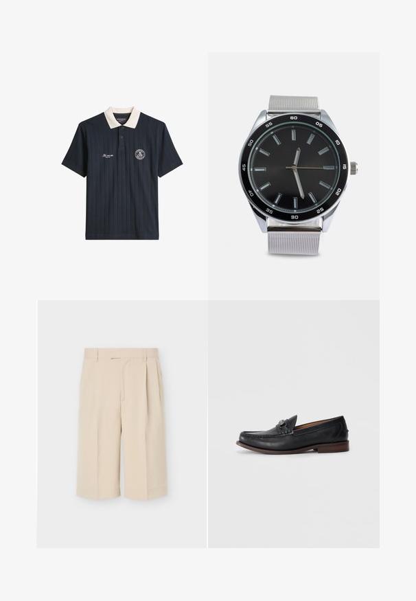Polo bleu marine à manches courtes avec rayures verticales, col blanc, deux boutons, logo "Marc O'Polo" sur la poitrine et texte brodé blanc.; Shorts beige ajustés mi-genou avec passants de ceinture et plis à l'avant sur un fond uni clair.; Mocassins en cuir noir avec un bout arrondi, des détails décoratifs à l'avant et une semelle en cuir brun contrastante. Texture lisse et design à enfiler.; Montre ronde avec un cadran noir, des index en argent et un bracelet en métal tressé argenté. Comprend un boîtier en argent et une lunette noire avec des repères de minutes.