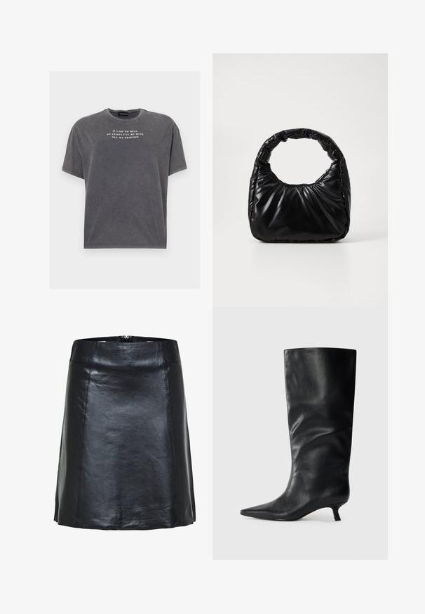 Even&Odd TONIA TEE - T-Shirt print - black; Schwarzer Lederrock in A-Linie mit sichtbaren Nähten und leichtem Glanz, mit hoher Taille und kurzem Saum.; Schwarzer, knielanger Lederstiefel mit spitzer Zehe und niedrigem Kittenheel, auf einem schlichten hellen Hintergrund präsentiert.; Schwarze gepolsterte Handtasche mit einem runden Griff, die eine glatte, glänzende Oberfläche und eine weiche, gestepfte Textur aufweist. Keine sichtbare Hardware oder Akzente.