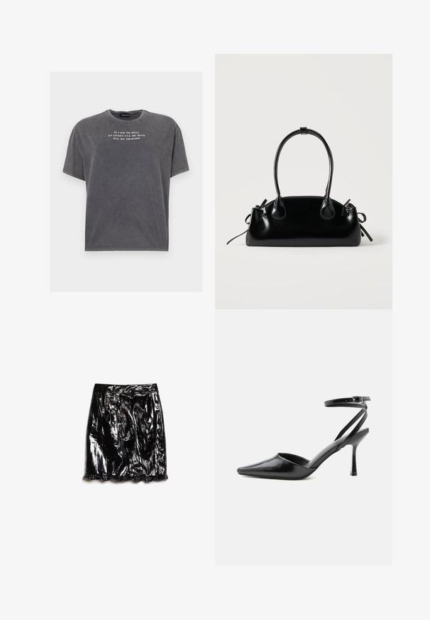 Even&Odd by Zalando TONIA TEE - T-Shirt print - black; Schwarzer, glänzender Minirock aus einem schimmernden Material; hat einen gerafften Saum und ein plissiertes Design für zusätzliche Textur und Details.; Schwarzer spitzer High Heel mit dünnen Knöchelriemen und silberner Schnalle auf einfachem hellem Hintergrund.; Kleine schwarze glänzende Handtasche mit zwei langen Griffen und seitlichen Kordelzug-Details vor einfachem hellem Hintergrund.
