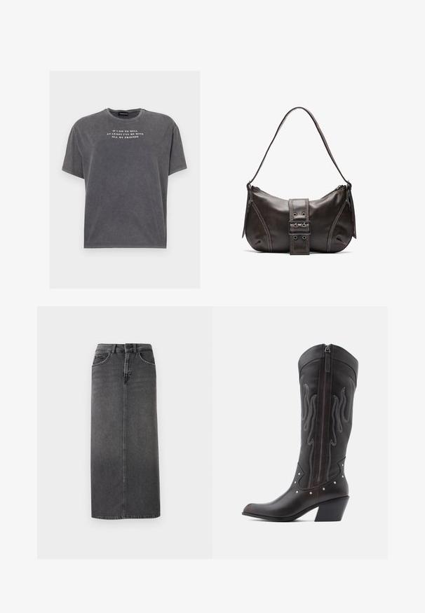 Even&Odd by Zalando TONIA TEE - Tričko s potlačou - black; Sivá džínová midi sukňa s rovný strihom, dizajnom s piatimi vreckami a pútkami na opasok. Obsahuje zapínanie na gombík vpredu a minimalistické švy.; Hnedé kožené kovbojské čižmy s výšivkou v tvare plameňov, bočným zipsom, striebornými nitmi, špicatou špičkou a vystuženým opätkom.; Hnedá kožená taška cez plece s zakriveným tvarom, s výrazným detailom sponky, kontrastným prešívaním a jedným popruhom na plece.