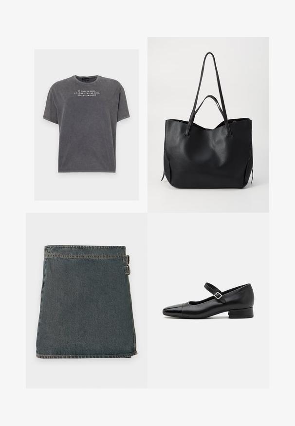 Even&Odd by Zalando TONIA TEE - T-Shirt print - black; Dunkelblaue Denim-Wickelröcke mit strukturierter Oberfläche, ausgestattet mit zwei seitlichen Schnallen und einem geraden Saum. Sichtbare genähte Nähte entlang der Kanten.; Schwarze Leder-Mary-Jane-Schuhe mit einer patentierten Zehenkappe, verstellbarem Knöchelriemen und niedrigem Blockabsatz. Glatte Textur und elegantes Design.; Schwarze Leder-Tote-Tasche mit strukturierten Oberflächen, zwei langen Griffen, offenem oberen Teil und keiner sichtbaren Hardware oder Akzenten. Einfaches und geräumiges Design.