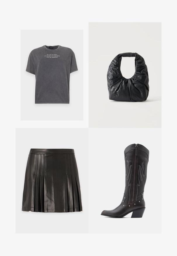 Even&Odd by Zalando TONIA TEE - T-Shirt print - black; Schwarzer Minirock aus Kunstleder mit Falten und abgesteppten Details entlang der Falten und des Bunds vor einfarbigem Hintergrund.; Braune Cowboy-Stiefel aus Leder mit Flammenstickerei, seitlichem Reißverschluss, silbernen Nieten, spitzer Zehenpartie und geschichtetem Absatz.; Schwarze weiche Leder-Schultertasche mit gesammelten Falten und abgerundetem Griff, aufrecht stehend vor hellem einfarbigem Hintergrund.