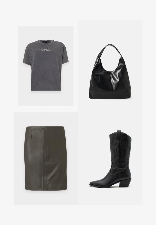 Even&Odd TONIA TEE - T-Shirt print - black; Dunkelgrüner Lederrrock mit glatter Textur, figurbetonter Form und einer seitlichen Tasche. Schlichtes Design ohne sichtbare Beschläge oder Muster.; Schwarze Leder-Cowboy-Stiefel mit spitzem Zeh, geprägten, wirbelnden Mustern und einem mittelhohen Absatz. Mit einem Zuglasche für einfaches An- und Ausziehen.; Schwarze Leder-Hobo-Tasche mit einer weichen, glänzenden Textur und einem runden, offenen Oberteil. Verfügt über einen breiten, gebogenen Tragegurt. Keine sichtbaren Beschläge.