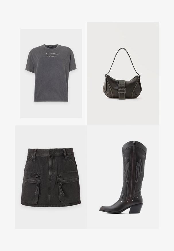 Even&Odd by Zalando TONIA TEE - T-Shirt print - black; Schwarzer Denimrock mit taillierter Passform, zwei vorderen Cargo-Taschen und verblasster Textur. Mit Knopfschluss und Gürtelschlaufen ausgestattet.; Braune Cowboy-Stiefel aus Leder mit Flammenstickerei, seitlichem Reißverschluss, silbernen Nieten, spitzer Zehenpartie und geschichtetem Absatz.; Schwarze Leder-Schultertasche mit Schnallengurt-Detail, abgerundeten Kanten und kontrastierenden weißen Nähten auf schlichtem Hintergrund.