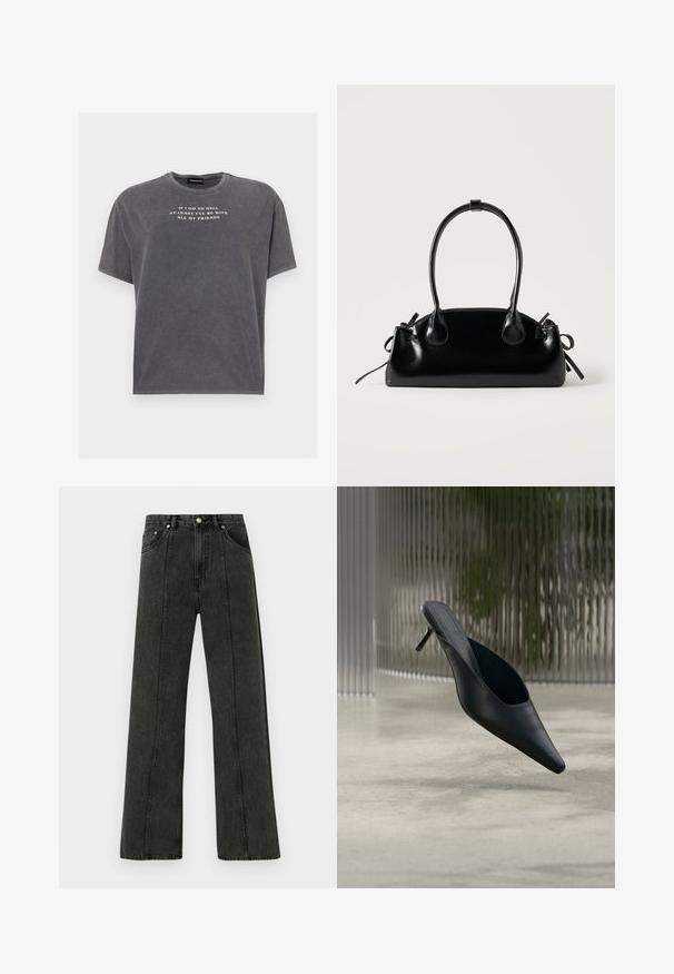 Even&Odd TONIA TEE - T-Shirt print - black; Hochtaillierte Jeans mit weitem Bein aus dunkelgrauem Denim. Verfügt über ein klassisches Fünf-Taschen-Design und sichtbare Nähte entlang der vorderen Nähte.; Schwarzer spitzer Mule-Schuh mit dünnem hohen Absatz, der über einem glatten Betonboden schwebt, mit einem unscharfen vertikal gestreiften Hintergrund.; Kleine schwarze glänzende Handtasche mit zwei langen Griffen und seitlichen Kordelzug-Details vor einfachem hellem Hintergrund.