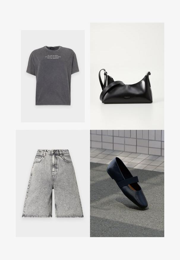 Even&Odd by Zalando TONIA TEE - Tričko s potlačou - black; Džínové šortky s čiernym a šedým kyselinovým umývaním, s vysokým pásom, pútkami na opasok a piatimi vreckami. Okraje sú spracované.; Čierna kožená plochá obuv s okrúhlou špičkou, so soft black elastickým pásikom cez priehlavok. Hladká textúra a minimálny dizajn.; Čierna kožená kabelka s hladkou textúrou. Obsahuje nastaviteľný popruh a elegantný, minimalistický dizajn so zipsovým uzatvorením.