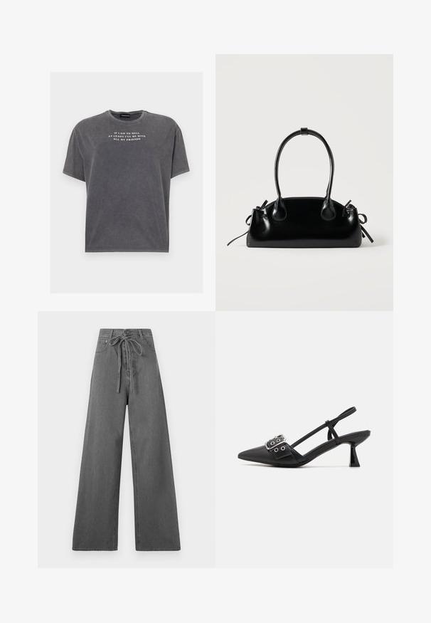 Even&Odd by Zalando TONIA TEE - T-Shirt print - black; Graue weit geschnittene Hosen mit einem Kordelzug am Bund, präsentiert vor einem schlichten weißen Hintergrund.; Simmi London DALA - Pumps - black; Kleine schwarze glänzende Handtasche mit zwei langen Griffen und seitlichen Kordelzug-Details vor einfachem hellem Hintergrund.