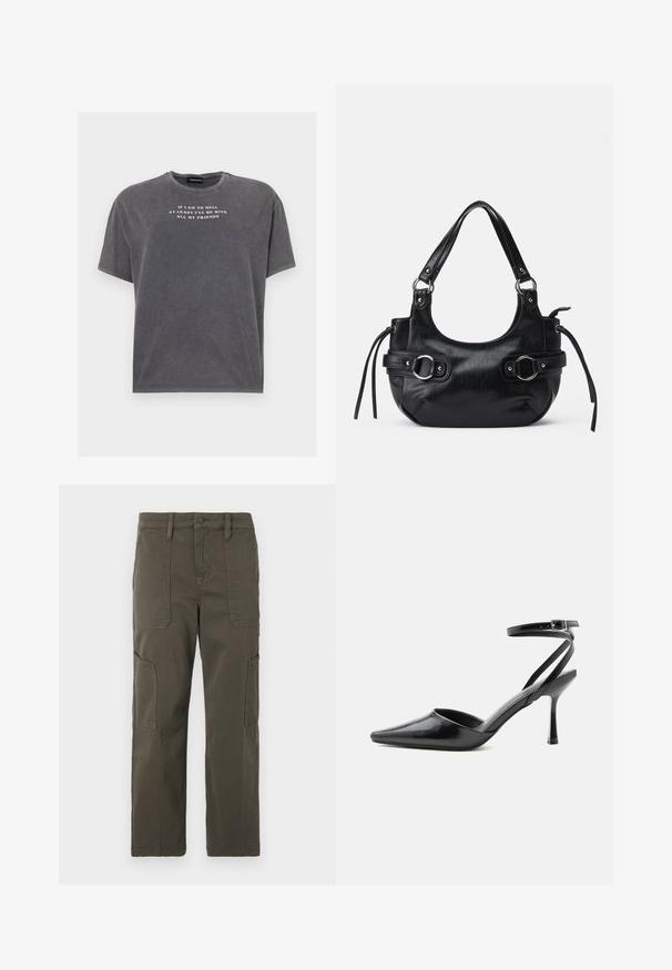 Even&Odd TONIA TEE - Camiseta estampada - black; Good American CROPPED PANTS - Pantalones cargo - fatigue; Zapato de tacón alto negro de punta fina con delgadas correas en el tobillo y cierre de hebilla plateada sobre un fondo liso claro.; Bolso de cuero negro con forma redondeada, que cuenta con dos hebillas laterales, textura suave y una correa corta para el hombro. Los detalles incluyen borlas laterales.