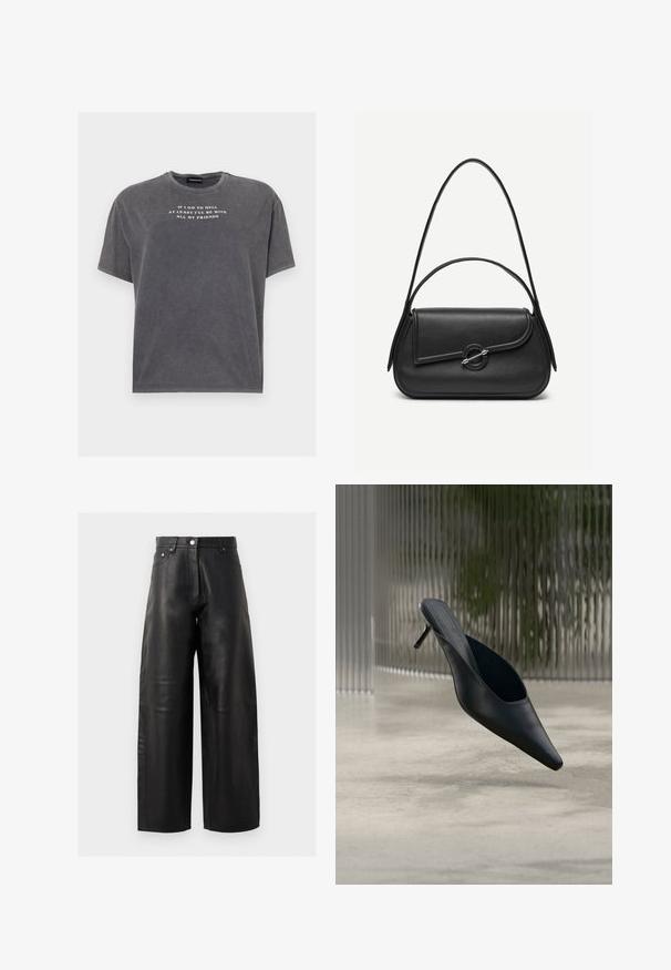 Even&Odd by Zalando TONIA TEE - T-Shirt print - black; Schwarze Leder-Hose mit weitem Bein, hoher Taille, Fronttaschen und subtilen Nähdetails. Die glatte Textur wertet das Design auf.; Schwarzer spitzer Mule-Schuh mit dünnem hohen Absatz, der über einem glatten Betonboden schwebt, mit einem unscharfen vertikal gestreiften Hintergrund.; Schwarze Lederhandtasche mit abgerundeten Kanten, asymmetrischem Überschlag, metallfarbenem runden Verschluss und kurzen sowie langen Schulterriemen.