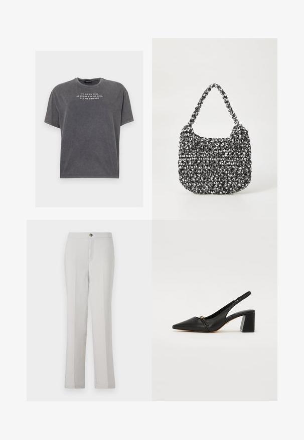 Even&Odd TONIA TEE - Camiseta estampada - black; Pantalones rectos de color gris claro, confeccionados en una tela suave, que presentan un cierre frontal con botón, bolsillos laterales y un corte entallado.; Zapato de tacón slingback de cuero negro con punta afilada, pequeña correa frontal y tacón cuadrado. Textura suave con detalle de acento dorado.; Bolso de mano tejido en blanco y negro con forma redondeada, superficie texturizada y asa trenzada. Adecuado para uso casual.
