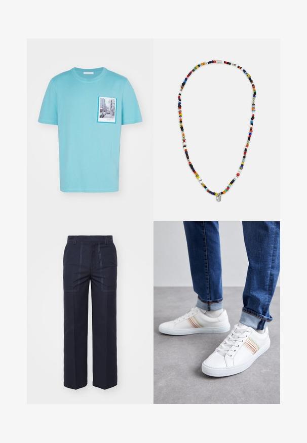 Ανοιχτό μπλε βαμβακερό t-shirt με εκτύπωση τσέπης στο μπροστινό μέρος, που απεικονίζει μια αστική σκηνή, περιβαλλόμενη από ένα αντίθετο μπλε πλαίσιο, κοντά μανίκια.; Σκούρο μπλε παντελόνι με φαρδύ πόδι και αντίθεση ραφών, με ψηλή μέση και δύο μπροστινές τσέπες για επιπλέον λεπτομέρεια και λειτουργικότητα.; Λευκά δερμάτινα sneakers με πολύχρωμες ρίγες, σχέδιο με κορδόνια, καουτσούκ σόλα και επενδυμένος γιακάς, συνδυασμένα με μπλε τζιν παντελόνι.; Χρωματιστό κολιέ από χάντρες με ποικιλόμορφα σχήματα και μεγέθη, με μεταλλικά στοιχεία και μικρά διακοσμητικά charms. Κυρίως πολυχρωμο.