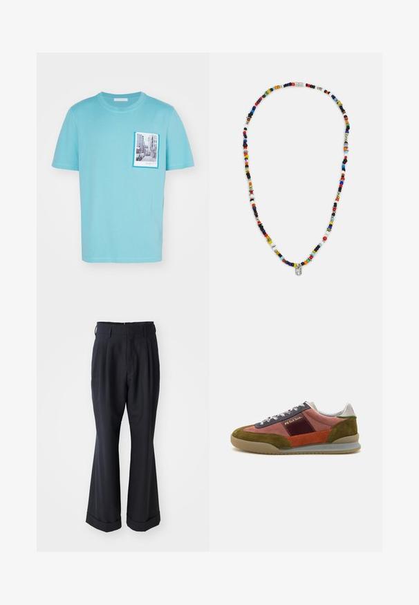 T-shirt en coton bleu clair avec un imprimé de scène de rue sur la poche avant, bordé d'un cadre bleu contrasté, manches courtes.; Pantalons noirs ajustés avec une coupe décontractée, devant plissé et jambes larges. Caractéristiques d'un ourlet à retournement et d'une texture de tissu lisse.; PS Paul Smith DOVER - Baskets basses - pink; Collier de perles colorées présentant différentes formes et tailles, avec des accents métalliques et de petits charms décoratifs. Principalement multicolore.