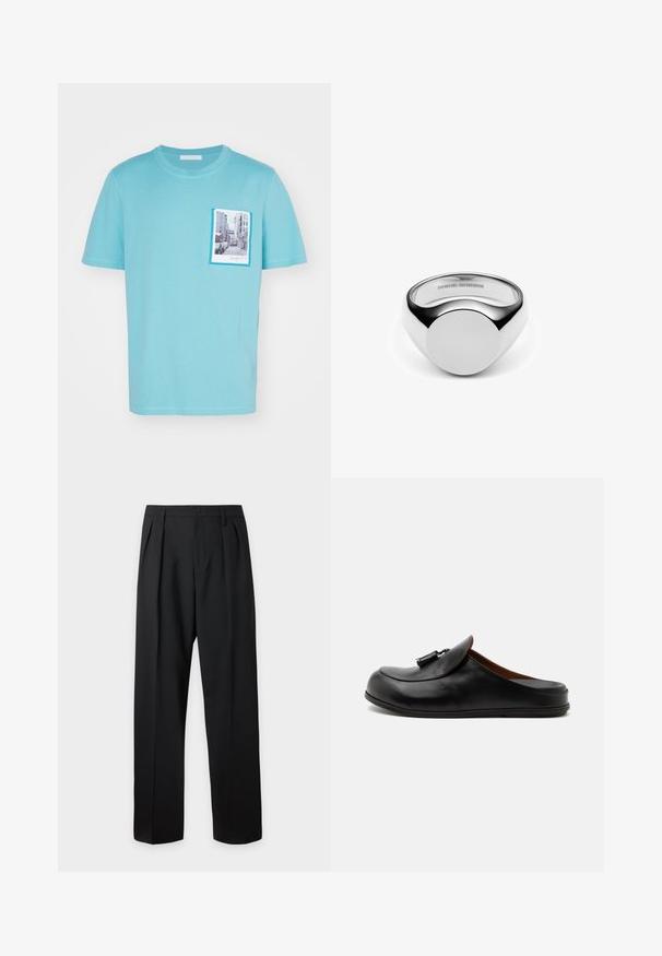 T-shirt en coton bleu clair avec un imprimé de scène de rue sur la poche avant, bordé d'un cadre bleu contrasté, manches courtes.; Pantalon formel noir avec plis, passants de ceinture et fermeture par bouton à la taille, présenté sur un fond clair uni.; Mocassin noir en cuir sans contrefort avec des glands sur le dessus, affiché de côté sur un fond clair uni.; Bague en argent avec un design lisse et arrondi. Présente un dessus plat et circulaire avec des bords polis. La surface réfléchissante renforce l'impact visuel.