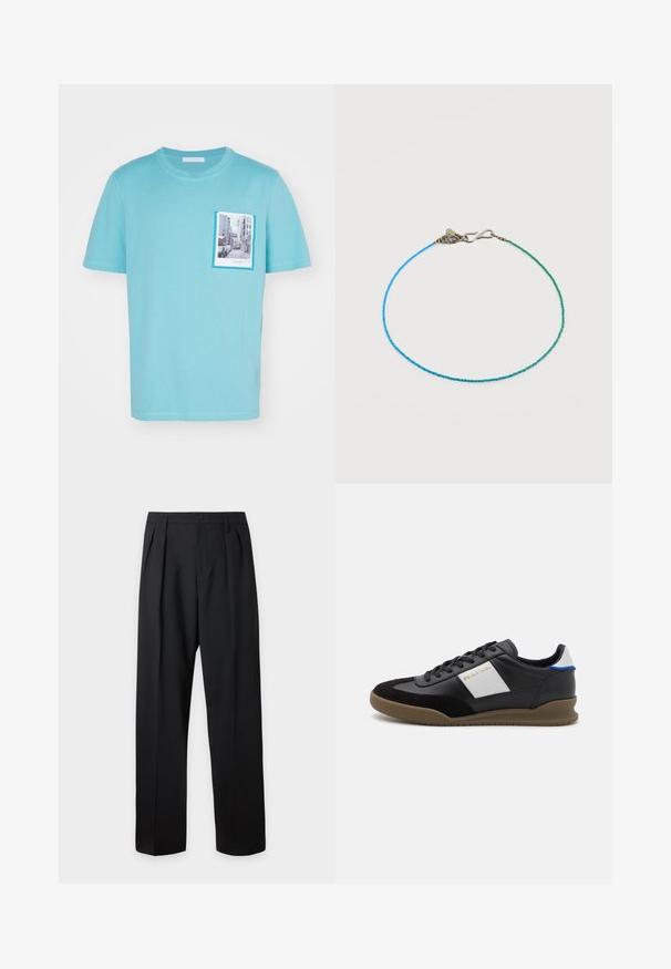 T-shirt en coton bleu clair avec un imprimé de scène de rue sur la poche avant, bordé d'un cadre bleu contrasté, manches courtes.; Pantalon formel noir avec plis, passants de ceinture et fermeture par bouton à la taille, présenté sur un fond clair uni.; Baskets en cuir noir et en nubuck avec un panneau gris, semelle en caoutchouc marron et accent bleu sur le talon. Elles disposent de lacets et d'un logo embossé.; Bracelet délicat en perles avec de petits perles carrées bleues et vertes et un fermoir à crochet en argent sur fond blanc.