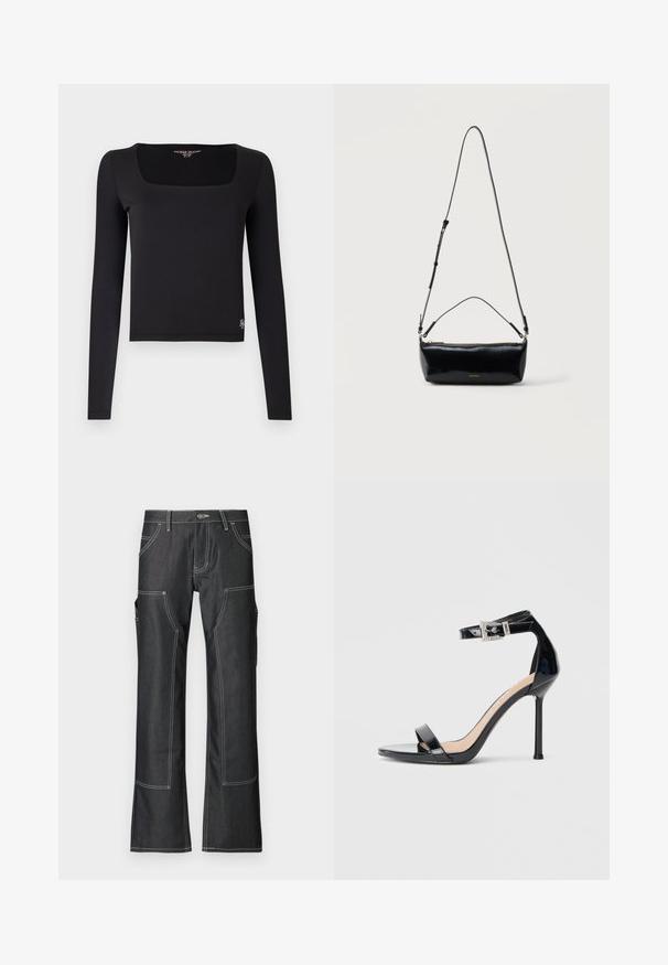 Haut noir à manches longues avec encolure carrée et coupe ajustée. Fabriqué en tissu lisse, avec un petit logo en accent à l'ourlet.; Pantalons cargo en denim sombre avec des coutures contrastées blanches, comportant plusieurs poches et un design à jambes évasées. Tissu durable et fermeture à bouton en métal.; Sandale à talon haut en cuir verni noir avec bride à la cheville. Présente un design minimaliste, un bout ouvert et une boucle ornée de strass.; Sac bandoulière rectangulaire en cuir noir avec bandoulière ajustable, fermeture éclair sur le dessus et petit logo Calvin Klein doré sur le devant.