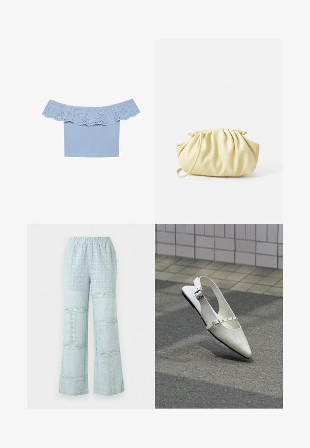 Haut bleu clair sans manches avec un col à volants comportant des découpes œillets. Tissu lisse avec un design ajusté.; Pantalon large bleu clair avec taille élastique et motif complexe en patchwork de dentelle sur toute la surface.; Chaussure plate slingback blanche pointue avec deux boucles argentées, présentée en extérieur sur un sol texturé et un mur carrelé en arrière-plan.; Sac à main plissé jaune en simili cuir lisse, arborant une forme douce avec une bandoulière unique et un design froncé sur le dessus.