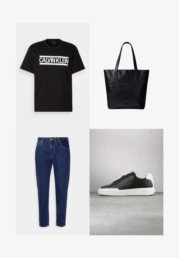 Sort kortærmet T-shirt med hvid "CALVIN KLEIN NEW YORK" logo centreret på brystet, rund halsudskæring og et medium størrelsesmærke indeni kraven.; Mørkeblå straight-leg cowboybukser med forreste knap- og lynlås-lukning, bæltestropper samt for- og baglommer.; Sort lædersneaker med rund tå, hvid gummisål og sorte snørebånd. Har en logo på siden og en kontrasterende hvid hælaccent.; Sort tote-taske med to lange håndtag, diskret geometrisk mønster, rektangulær form og lille mærke ved bunden i midten.