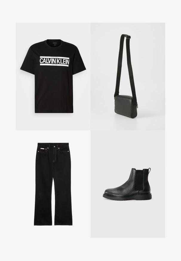 Sort kortærmet T-shirt med hvid "CALVIN KLEIN NEW YORK" logo centreret på brystet, rund halsudskæring og et medium størrelsesmærke indeni kraven.; Sorte jeans med lige ben, orange syning, fem lommer, knaplukning og et lille Calvin Klein-mærke på den forreste højre lomme.; Sorte læder chelsea støvler med tekstureret finish, elastiske sidepaneler og en robust gummisål. Subtil branding på hælen.; Sort læder crossover taske med en glat overflade, rektangulær form, justerbar sort rem og sølv lynlåsdetalje.