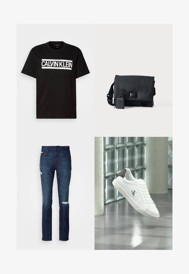 Zwarte T-shirt met korte mouwen en een witte "CALVIN KLEIN NEW YORK" logo gecentreerd op de borst, ronde halslijn, en een medium maatlabel binnenin de kraag.; Donkerblauwe denim spijkerbroek met een slim fit, met twee versleten stukken aan de voorkant, stevige stiksels en een klassieke five-pocket design.; Witte sneaker met zwarte hielstuk en "ck" logo, met veters, zwevend boven glanzende grijze vloer met glasstenen muur en zuilen op de achtergrond.; Zwarte schoudertas met een strak, glad oppervlak, een verstelbare schouderriem en een klein afneembaar zakje met een geometrisch patroon.