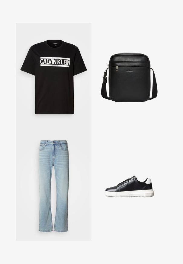 Schwarzes T-Shirt mit kurzen Ärmeln und weißem "CALVIN KLEIN NEW YORK" Logo in der Mitte der Brust, Rundhalsausschnitt und Etikett in Größe Medium im Kragen.; Hellblaue Jeans aus Denim mit geradem Bein, ausgestattet mit fünf Taschen, einem Knopfverschluss und subtilen Verwaschungen im Stoff.; Schwarze Ledersneaker mit glatter Textur, weißer Gummisohle, Schnürdesign und kontrastierendem weißen Fersenakzent.; Schwarze Calvin Klein Umhängetasche mit verstellbarem Riemen, Frontreißverschlusstasche und dezentem Logo auf genarbter Lederoberfläche.