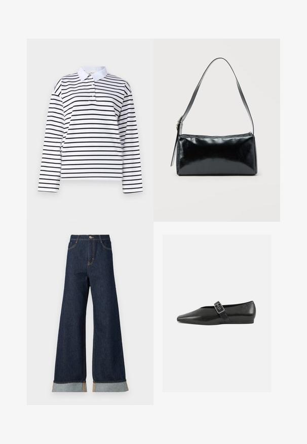 Chemise polo à manches longues blanches avec des rayures horizontales noires, un col classique et un plastron à deux boutons. Tissu en coton lisse.; Jean en denim foncé à jambes larges avec des coutures orange, présentant une taille haute, deux poches avant et des ourlets retroussés mettant en valeur un tissu contrastant bleu clair.; Chaussure plate en cuir noir avec un orteil pointu, présentant une sangle à boucle métallique sur le cou-de-pied et une semelle basse et flexible.; Sac d'épaule rectangulaire noir avec une sangle réglable unique et une fermeture éclair supérieure sur un fond uni.