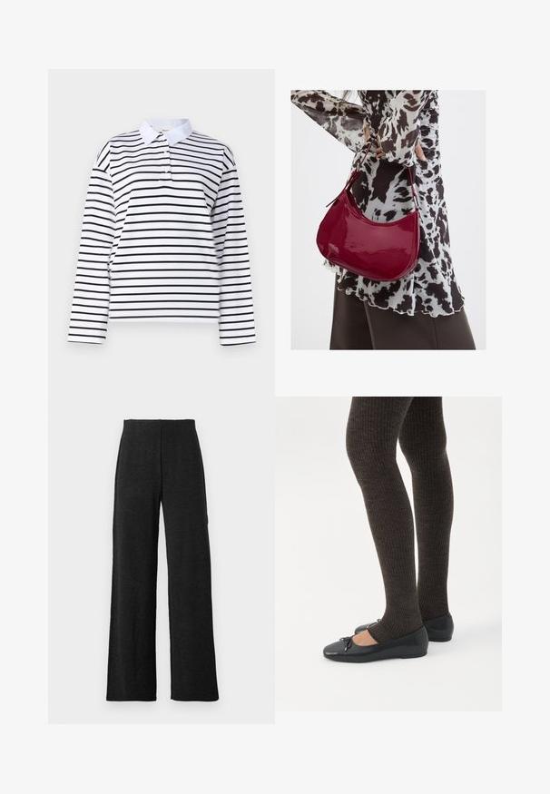 Chemise polo à manches longues blanches avec des rayures horizontales noires, un col classique et un plastron à deux boutons. Tissu en coton lisse.; Pantalons larges noirs à taille haute et coutures droites, présentés sur un fond blanc.; Jambes portant des leggings côtelés foncés associés à des ballerines noires avec de petits détails en nœud sur fond blanc.; Femme portant un chemisier à motif noir et blanc tenant un sac à main rouge brillant sur un fond uni.