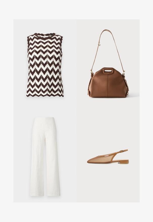 Haut sans manches en tricot avec motif zigzag marron et blanc et bords festonnés aux épaules et à l'ourlet.; Pantalons larges en lin blanc avec une texture lisse et une taille haute. Présente une silhouette simple et épurée sans embellissements.; Chaussure plate à bride arrière marron avec bout pointu, fine bride avec boucle et petit talon bloc sur fond blanc.; Sac à main en cuir marron texturé avec une large découpe pour la poignée supérieure et une bandoulière réglable avec des ferrures dorées.