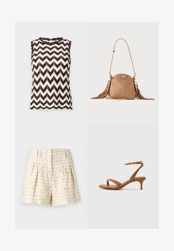 Haut sans manches en tricot avec motif zigzag marron et blanc et bords festonnés aux épaules et à l'ourlet.; Iro XAGA - Short - ecru/silver; Sandale en cuir marron avec lanières, talon bas en forme de petit escarpin et bride à la cheville avec une petite boucle, vue de côté sur un fond uni.; Petit sac à bandoulière en cuir fauve avec longue bandoulière, détail chaîne dorée et franges des deux côtés sur un fond neutre.