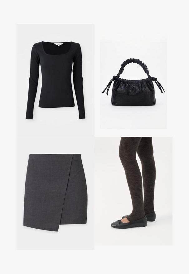 Zwarte lange mouwen rib top met een vierkante halslijn, gemaakt van rekbaar materiaal, strakke pasvorm en in een effen kleur zonder patronen of versieringen.; Donkergrijze minirok in wikkelstijl met strakke lijnen en een subtiel overlappend detail aan de zijkant.; Benen met donkere geribbelde leggings gecombineerd met zwarte ballerina's met kleine strikdetails op een witte achtergrond.; Zwarte handtas met krokodillenstructuur, geplooide bovenrand, samengevoerde handgreep en koordtassels aan elke kant tegen een witte achtergrond.