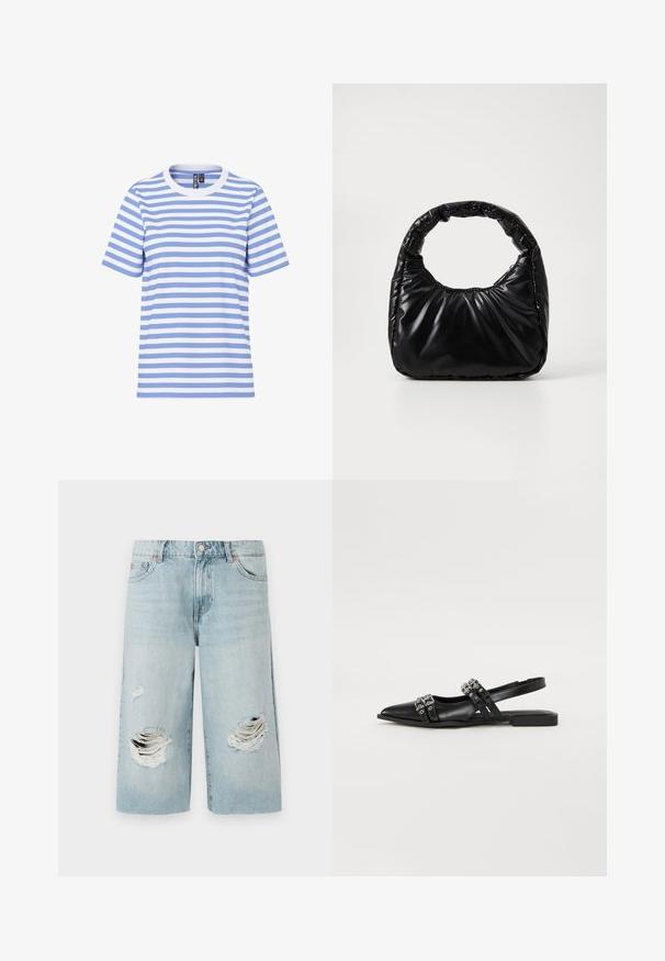 T-shirt met korte mouwen met horizontale lichtblauwe en witte strepen, ronde hals en een zichtbaar merketiket binnenin de kraag.; Lichtblauwe denimshorts met een losse pasvorm, voorzien van twee grote versleten scheuren aan de voorkant. Vijf zakken en een zichtbare metalen knoopsluiting.; Even&Odd by Zalando Slingback ballerina´s - black; Zwarte gevoerde handtas met een ronde handgreep, met een gladde, glanzende oppervlakte en een zachte, gewatteerde textuur. Geen zichtbare metalen onderdelen of accenten.