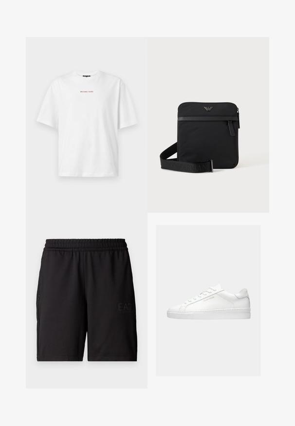 Hvid kortærmet t-shirt med rund hals og lille rød "MICHAEL KORS" tekst centreret på brystet.; Sorte sportshorts lavet af letvægtsstof, med en elastisk talje og mesh-sidelapper. Brandlogo trykt foran.; Hvid lavtop sneaker med snørebånd, minimalistisk design og "Filling Pieces" branding i guld på siden mod en ensfarvet baggrund.; Sort firkantet skuldertaske med lynlås, frontlomme og justerbar rem med præget brandnavn.