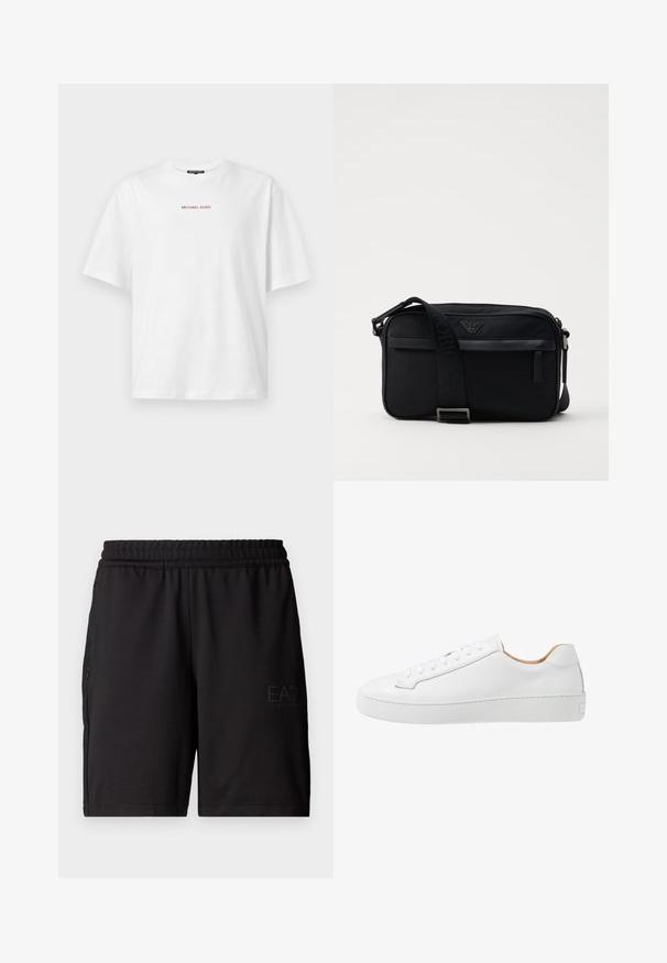 Camiseta blanca de manga corta con cuello redondo y pequeño texto rojo "MICHAEL KORS" centrado en el pecho.; Pantalones cortos deportivos negros hechos de un tejido ligero, con una cinturilla elástica y paneles laterales de malla. Logo de la marca impreso en la parte delantera.; Zapatilla de cuero blanca con un acabado suave, punta redonda, diseño de cordones planos y suela de goma gruesa con un patrón de agarre texturizado.; Bolso de hombro negro de nailon con una correa de contraste, forma rectangular elegante, detalle del logo y un bolsillo con cremallera en la parte frontal.