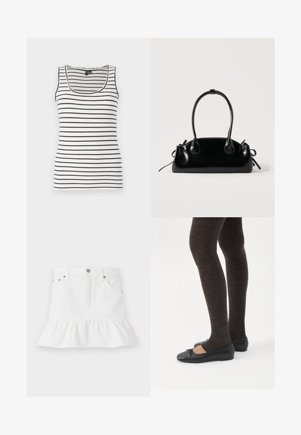 Débardeur à rayures noires et blanches horizontales. Doté d'un encolure dégagée et de bretelles fines. Tissu doux et extensible.; Jupe en denim blanc avec un ourlet froncé, dotée d'un design à cinq poches, d'une fermeture à boutons à l'avant et d'accents en métal.; Jambes portant des leggings côtelés foncés associés à des ballerines noires avec de petits détails en nœud sur fond blanc.; Petit sac à main noir brillant avec deux longues anses et des détails à cordon sur les côtés sur un fond clair uni.