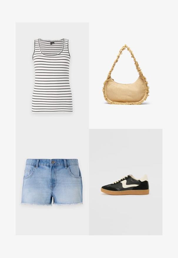 Débardeur à rayures noires et blanches horizontales. Doté d'un encolure dégagée et de bretelles fines. Tissu doux et extensible.; Shorts en denim bleu clair avec un ourlet effiloché, cinq poches et une fermeture à bouton à l'avant. Présente un délavage passé et une coupe droite.; Baskets en daim et cuir noir avec un swoosh latéral crème et un talon crème clair. Dotées de lacets beige et d'une semelle en caoutchouc gomme.; Sac beige texturé de forme arrondie, avec un bord effiloché tout le long des bords et une courte sangle pour le porter. Ouverture zippée en haut.