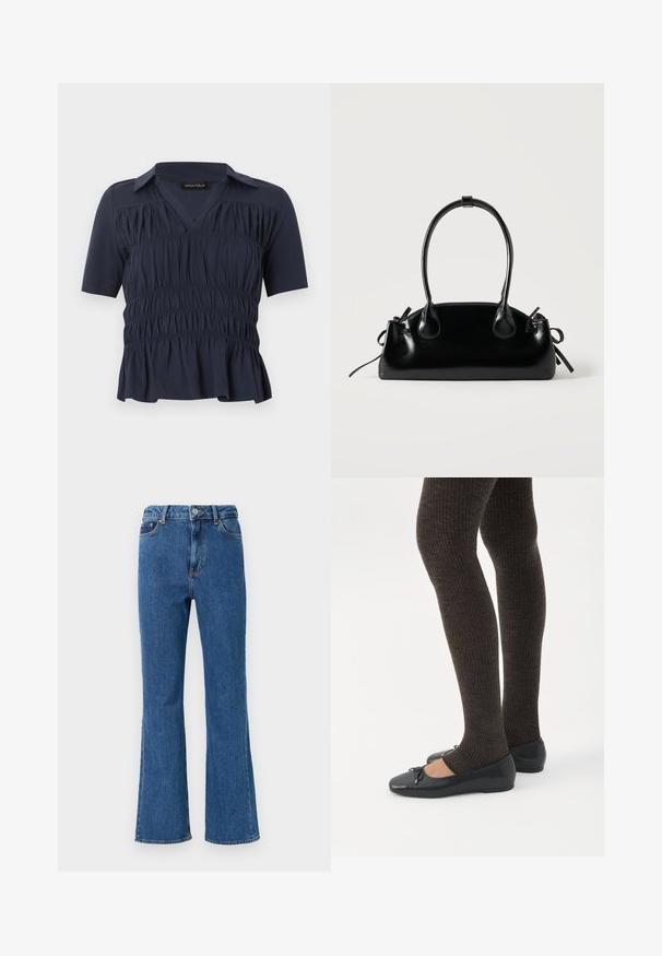 Blouse bleu marine à manches courtes avec col, encolure en V, fronces élastiques réunies sur le devant et légère évasement à l'ourlet.; Jean flare taille haute en denim bleu. Les caractéristiques comprennent une fermeture boutonnée, des poches avant et des détails de couture minimalistes.; Jambes portant des leggings côtelés foncés associés à des ballerines noires avec de petits détails en nœud sur fond blanc.; Petit sac à main noir brillant avec deux longues anses et des détails à cordon sur les côtés sur un fond clair uni.