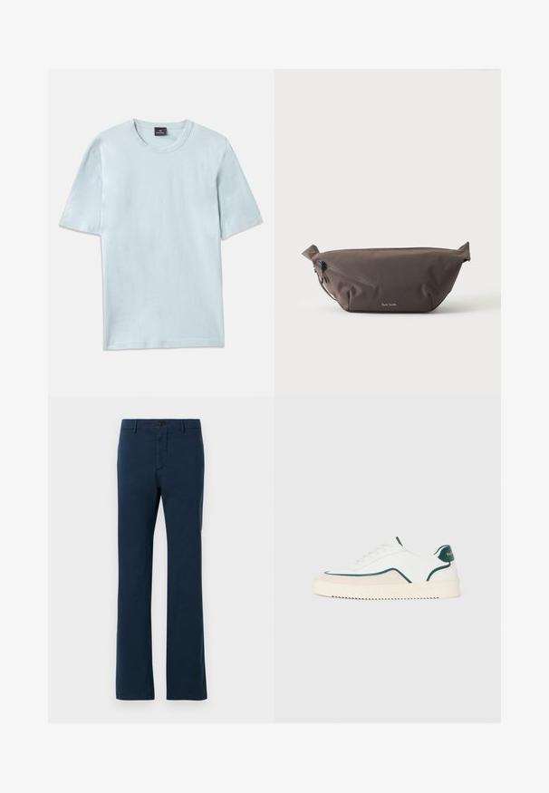T-shirt en coton bleu clair avec un col rond et des manches courtes. Le tissu a une texture lisse et un design à coupe décontractée.; Pantalons en coton bleu marine avec une coupe droite, dotés d'une fermeture à bouton sur le devant et de passants de ceinture, texture lisse et coupe ajustée.; Baskets basses blanches avec des bords verts, des détails en suède beige et une semelle de couleur crème avec un fond rainuré.; Sac banane en tissu marron foncé avec poche zippée en diagonale et petit logo blanc sur le devant, sur un fond clair uni.