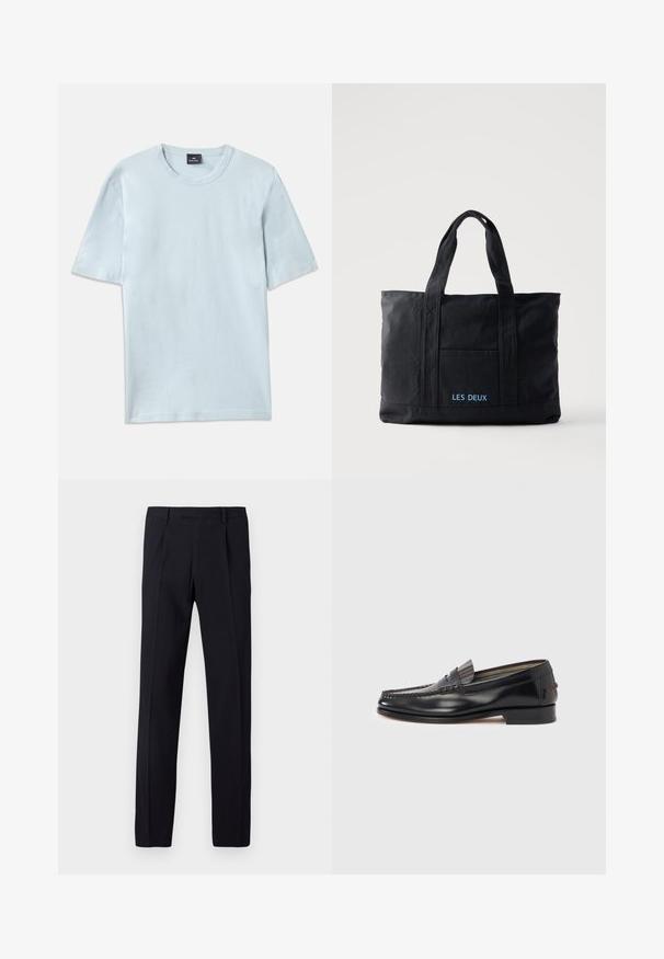 T-shirt en coton bleu clair avec un col rond et des manches courtes. Le tissu a une texture lisse et un design à coupe décontractée.; Pantalon noir avec une finition texturée, présentant une coupe droite, des passants pour ceinture et des plis repassés sur le devant. Pas de poches visibles.; Mocassins en cuir noir avec un design de style mocassin, présentant une bande décorative et un détail de couture sur le dessus. Talon bloc bas.; Sac cabas en toile noire avec deux anses, poche avant et "LES DEUX" brodé en bleu sur la poche avant.