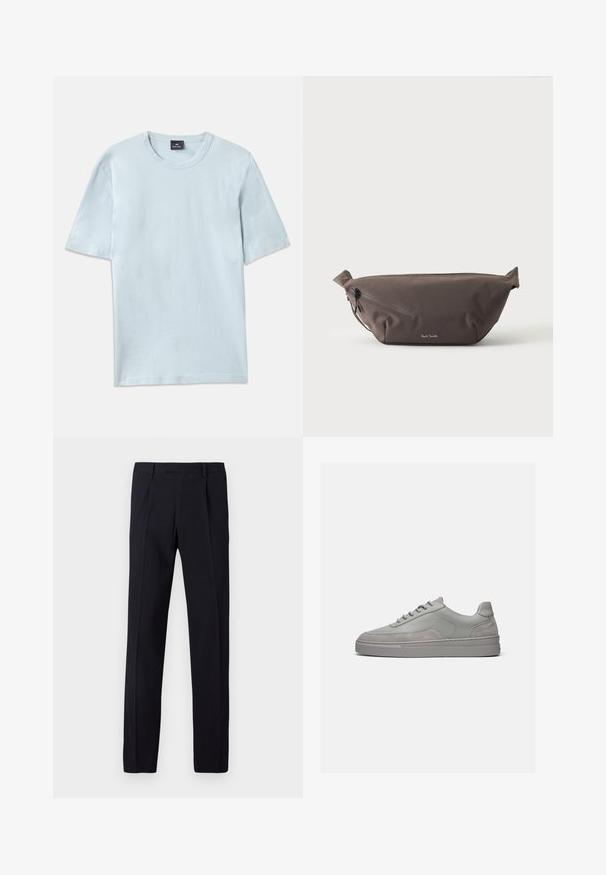 Himmelblaues Baumwoll-T-Shirt mit einem Rundhalsausschnitt und kurzen Ärmeln. Der Stoff hat eine glatte Textur und ein legeres Schnittdesign.; Schwarze Hose mit texturierter Oberfläche, geradem Schnitt, Gürtelschlaufen und gebügelten Bügelfalten vorne. Keine sichtbaren Taschen.; Grau niedriger Sneaker mit Schnürdesign, glattem Lederobermaterial, Wildleder-Akzenten an Zehen und Ferse und dicker Gummisohle.; Dunkelbraune Stoff-Gürteltasche mit diagonalem Reißverschlussfach und kleinem weißen Logo vorne, vor einem einfarbigen hellen Hintergrund.