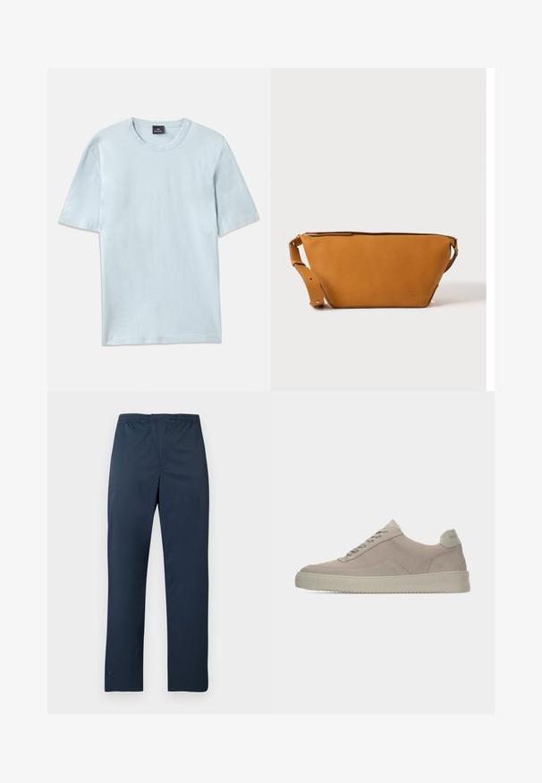 Himmelblaues Baumwoll-T-Shirt mit einem Rundhalsausschnitt und kurzen Ärmeln. Der Stoff hat eine glatte Textur und ein legeres Schnittdesign.; Marineblaue, leichte Hose mit elastischem Bund und geraden Beinen. Glatte Textur ohne sichtbare Muster oder Akzente.; Beige Wildledersneaker mit strukturierter Oberfläche, abgerundeter Zehenpartie und tonalen Schnürsenkeln. Verfügt über eine dicke Gummisohle und dezente Markenkennzeichnung an der Ferse.; Hellbraune Leder-Umhängetasche mit verstellbarem Schulterriemen und Reißverschluss, vor einem schlichten hellen Hintergrund gezeigt.
