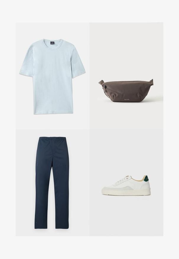 Himmelblaues Baumwoll-T-Shirt mit einem Rundhalsausschnitt und kurzen Ärmeln. Der Stoff hat eine glatte Textur und ein legeres Schnittdesign.; Marineblaue, leichte Hose mit elastischem Bund und geraden Beinen. Glatte Textur ohne sichtbare Muster oder Akzente.; Weiße Sneaker mit Wildlederelementen, runder Zehenpartie, flachen Schnürsenkeln und einer cremefarbenen Gummisohle. Mit grünen Markenlogo am Fersenbereich.; Dunkelbraune Stoff-Gürteltasche mit diagonalem Reißverschlussfach und kleinem weißen Logo vorne, vor einem einfarbigen hellen Hintergrund.