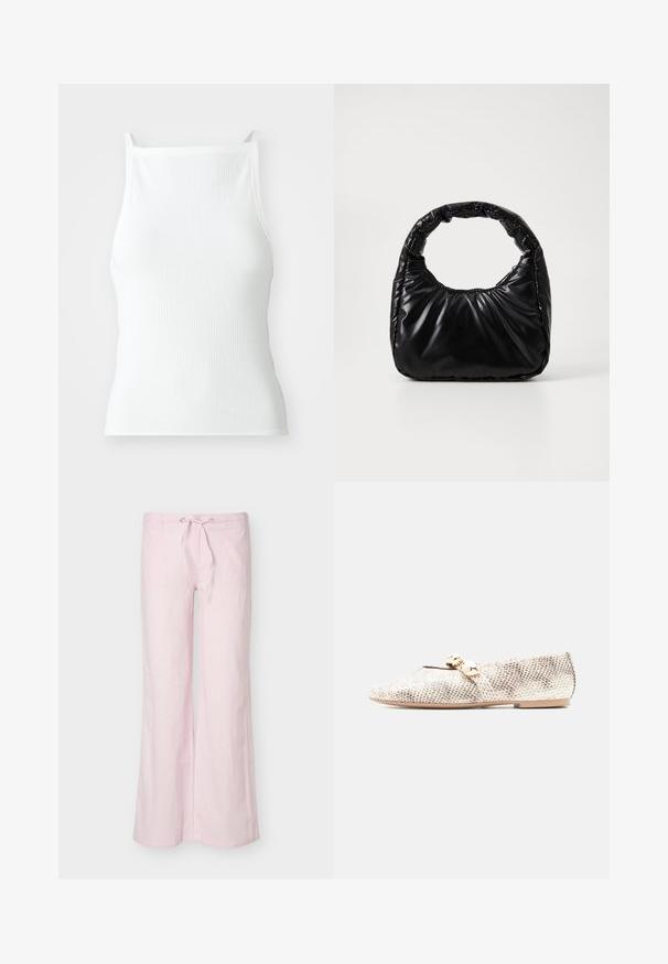 Weißes, geripptes Tanktop mit dünnen Trägern, das ein enges Design und eine glatte Textur aufweist. Der Stoff wirkt elastisch und leicht strukturiert.; Hellrosa Hosen mit weitem Bein, vorderen aufgesetzten Taschen und Kordelzugbund vor einfarbigem Hintergrund.; Flacher Slipper mit beigem und grauem Schlangenprint, ausgestattet mit einem Riemen oben, verziert mit zwei großen goldenen Perlen.; Schwarze gepolsterte Handtasche mit einem runden Griff, die eine glatte, glänzende Oberfläche und eine weiche, gestepfte Textur aufweist. Keine sichtbare Hardware oder Akzente.