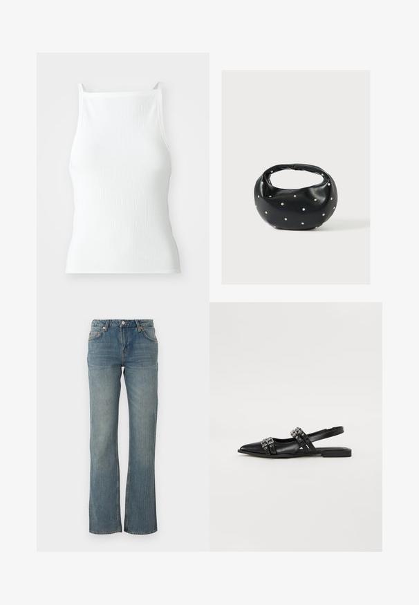 Witte geribde top met dunne bandjes, met een aansluitend ontwerp en een soepele textuur. De stof lijkt elastisch en licht gestructureerd.; Lichtblauwe denim jeans hebben een rechte pasvorm, een vijf-pocket ontwerp en koperen hardware accenten. De stof heeft een iets gestructureerde afwerking.; Even&Odd by Zalando Slingback ballerina´s - black; Zwarte leren handtas met een afgeronde vorm, versierd met zilveren studs, en een korte handgreep. Gladde textuur en ritsluiting.