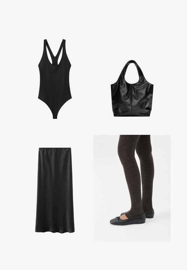 Body noir sans manches avec encolure dégagée et bretelles racerback, présenté sur fond blanc.; Jupe noire longue jusqu'au sol, fabriquée en matière lisse et légère, avec une taille élastique et un design simple. Aucun motif ou accent visible.; Jambes portant des leggings côtelés foncés associés à des ballerines noires avec de petits détails en nœud sur fond blanc.; Sac fourre-tout en cuir noir avec une texture lisse, un haut arrondi doux et de larges poignées. Présente une couture minimale et une silhouette décontractée.