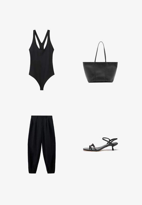 Body noir sans manches avec encolure dégagée et bretelles racerback, présenté sur fond blanc.; Pantalon noir taille haute effilé avec des plis à la taille et aux poignets, et des poches latérales, présenté sur fond blanc.; Sandale en cuir noir au design épuré et minimaliste. Dotée de deux fines lanières et d'un petit talon incliné. Texture lisse et bout ouvert.; Sac cabas en cuir noir avec de longues anses fines, une surface texturée et une ouverture large en haut.