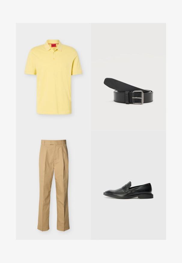 Polo jaune à manches courtes avec col et patte de boutonnage à trois boutons, avec une étiquette intérieure rouge portant le nom de la marque HUGO.; Pantalon beige en coton lisse à taille haute, avec des plis à l'avant et des jambes droites. Aucun équipement visible ni motifs.; Mocassins en cuir noir avec une texture lisse, un nez pointu et un petit talon rectangulaire. Présente un détail de bande horizontale sur le dessus.; Ceinture en cuir noire enroulée avec une boucle rectangulaire en métal argenté sur un fond clair uni.
