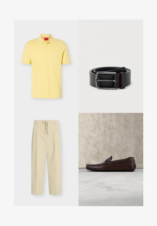 Polo jaune à manches courtes avec col et patte de boutonnage à trois boutons, avec une étiquette intérieure rouge portant le nom de la marque HUGO.; Pantalon beige droit avec passants pour ceinture et nouage à l'avant, présentant un design épuré et ajusté ainsi qu'un tissu texturé.; Mocassins en cuir marron avec une finition lisse, des coutures de style mocassin, un bout rehaussé et une semelle en caoutchouc basse et flexible.; Ceinture en cuir noir avec une boucle argentée et des coutures rouges, enroulée sur un fond clair uni.