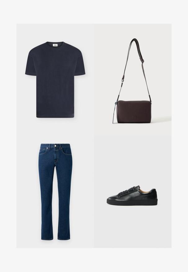 T-shirt uni bleu marine foncé à manches courtes et col rond avec une petite étiquette de marque blanche à l'intérieur du col sur un fond clair.; Jean en denim bleu foncé avec un design slim à jambe droite, style classique à cinq poches et fermeture à bouton à la taille.; Baskets en cuir noir avec une texture lisse, bout rond et fermeture à lacets. Comprend une semelle en caoutchouc épaisse et un minimum de détails de marque.; Sac bandoulière en cuir marron foncé texturé avec une sangle réglable et un petit accent décoratif bleu sur le côté.